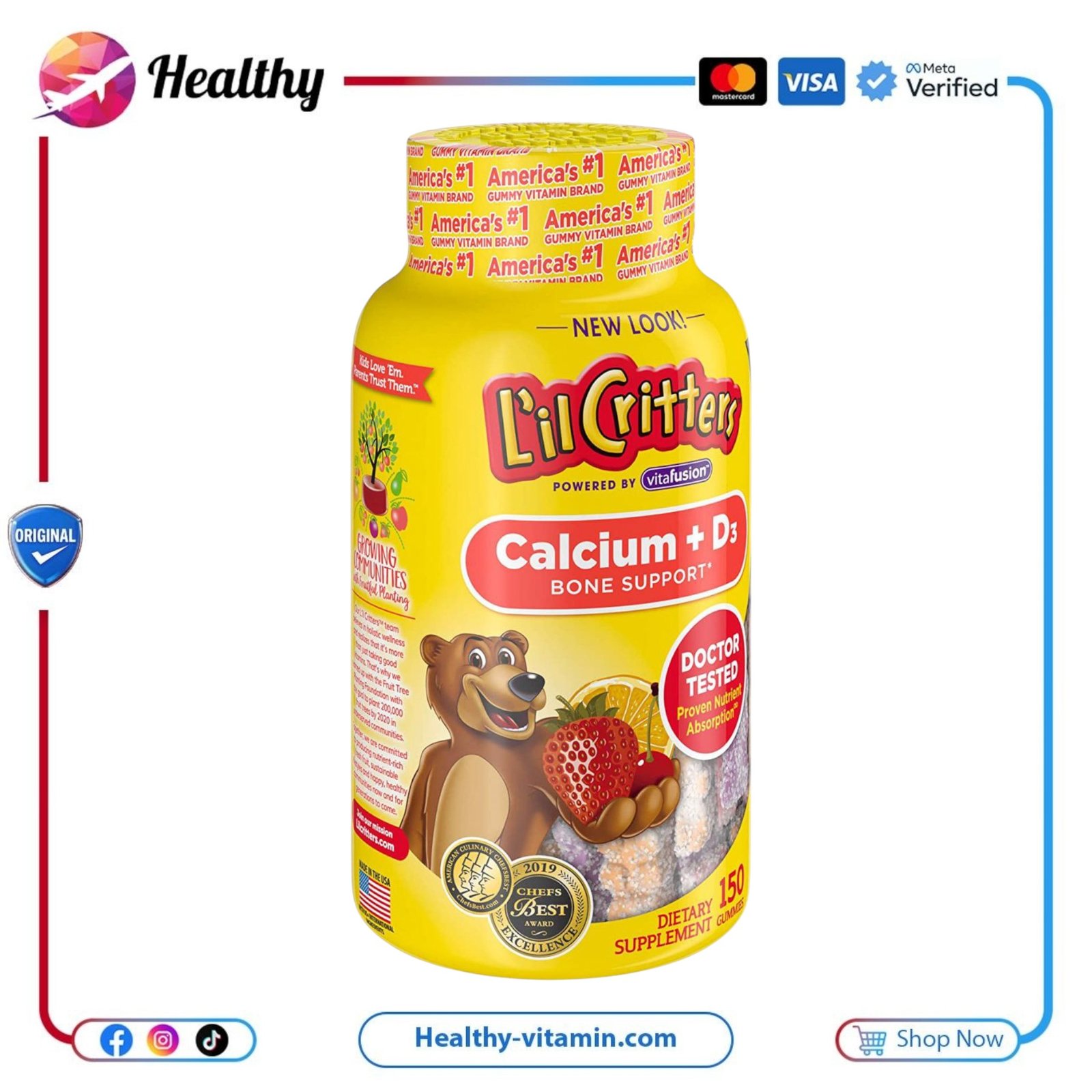 ليل كريترز كالسيوم + د3 لدعم صحة عظام الأطفال 150 جاميز | L’il Critters Calcium + D3 For Kids Bone Support 150 Gummies - Image 2