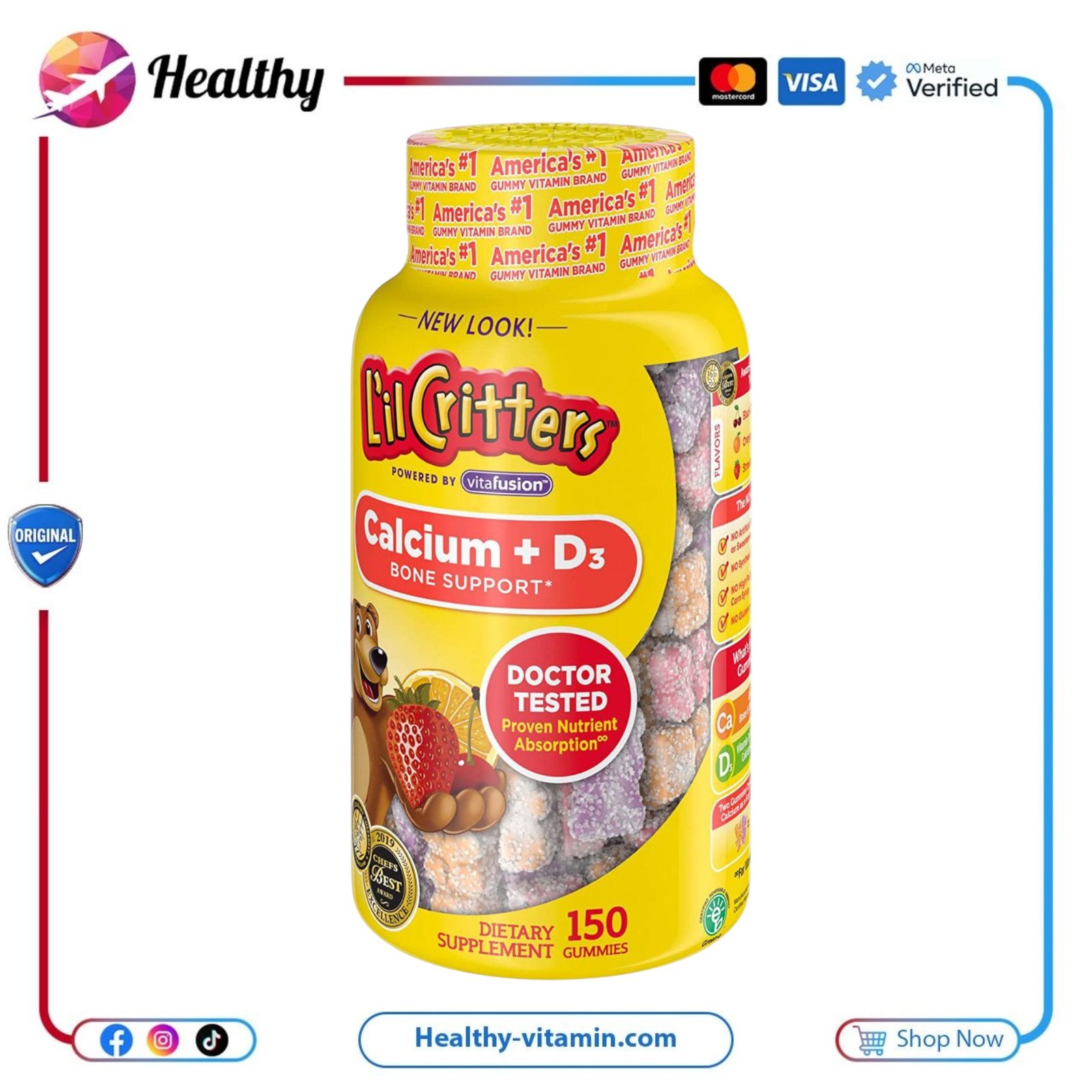 ليل كريترز كالسيوم + د3 لدعم صحة عظام الأطفال 150 جاميز | L’il Critters Calcium + D3 For Kids Bone Support 150 Gummies - Image 3