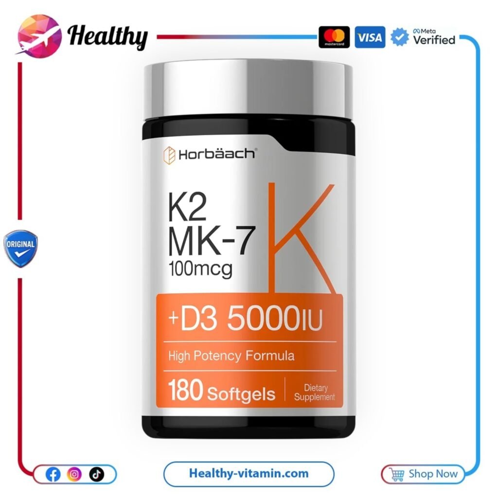 فيتامين د3 ك2 5000 وحدة دولية + 100 مكجم إم كي-7 هورباخ 180 سوفت جيل | Vitamin D3 K2 5000 IU + 100 mcg MK-7 Horbaach 180 Softgels