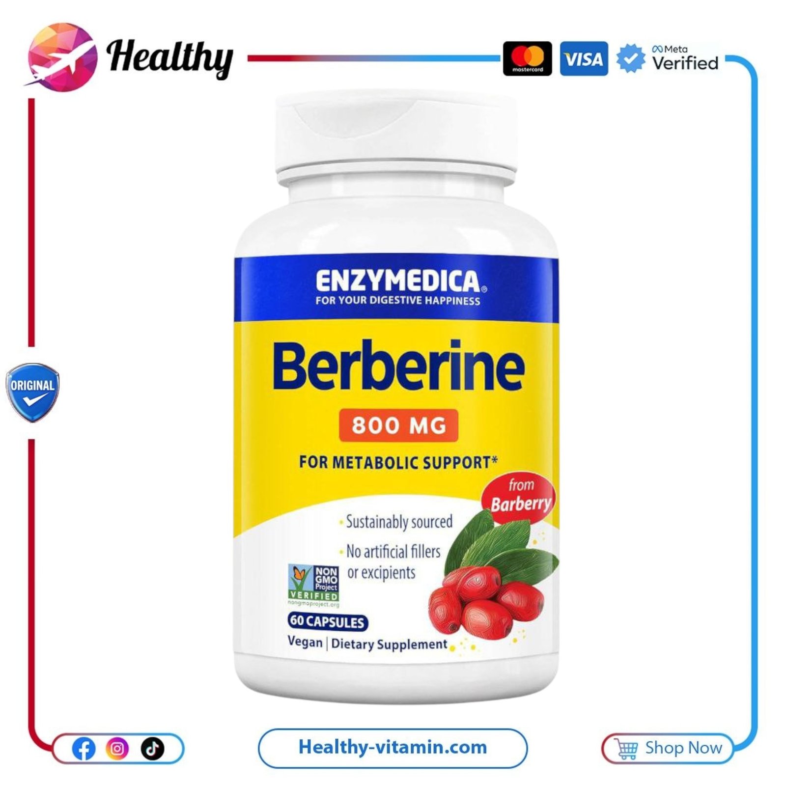 بربرين 800 مجم إنزيميديكا 60 كبسولة | Berberine 800 mg Enzymedica 60 Capsules