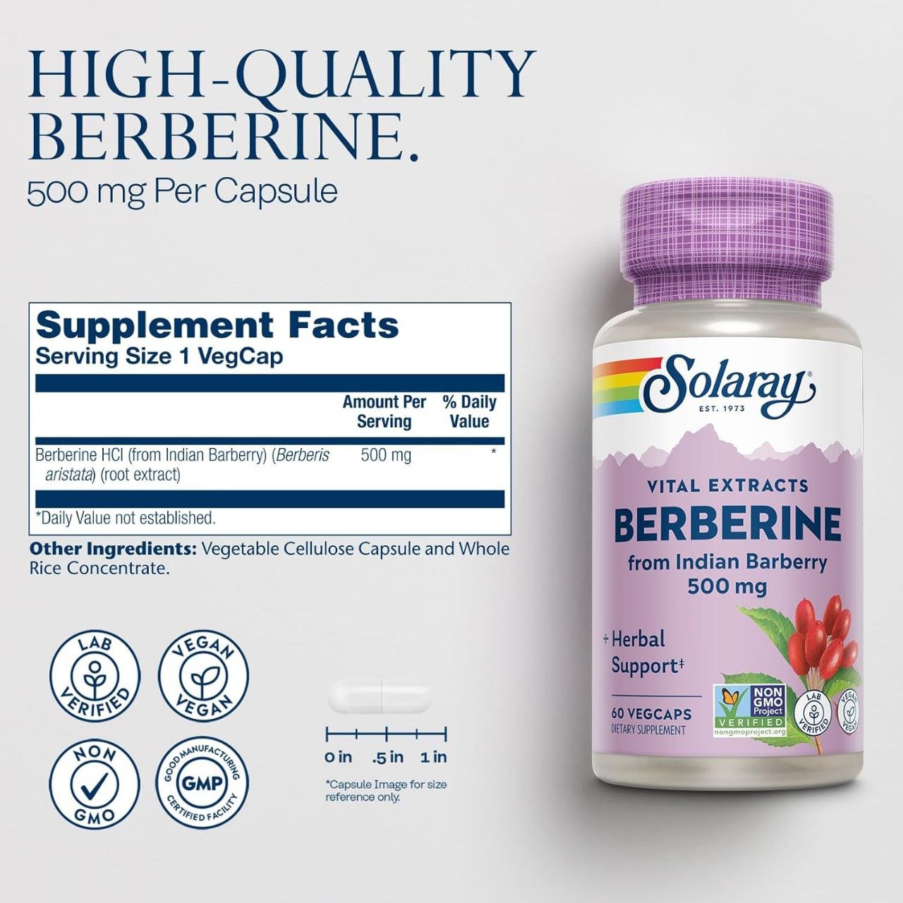 بربرين ٥٠٠ مجم مستخلصات حيوية سولاراي ٦٠ كبسولة نباتية | Berberine 500 mg Vital Extracts Solaray 60 VegCaps - الصورة 2