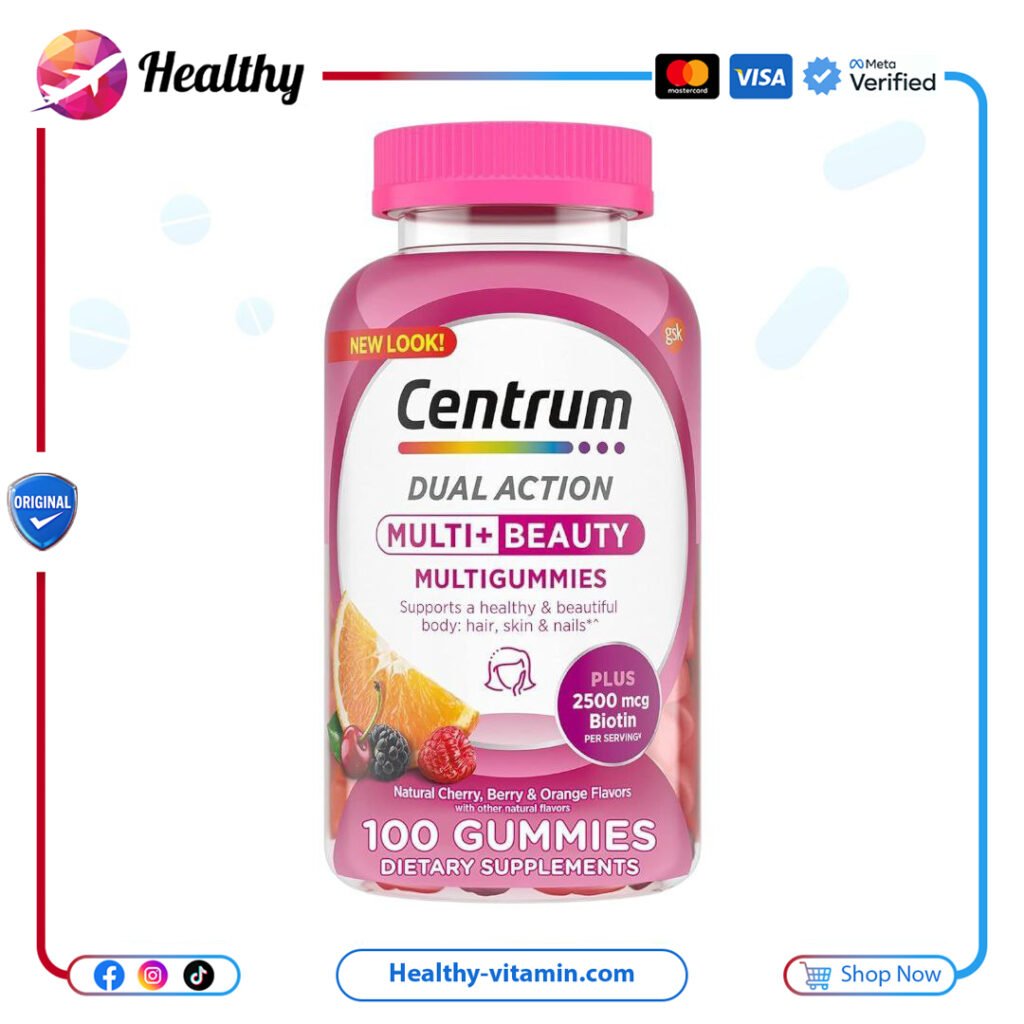 سنتروم - 100 جمّي ، بنكهة الكرز الطبيعية، والتوت والبرتقال، 100 علكة | Centrum Multi + Beauty Multigummies, Natural Cherry, Berry & Orange