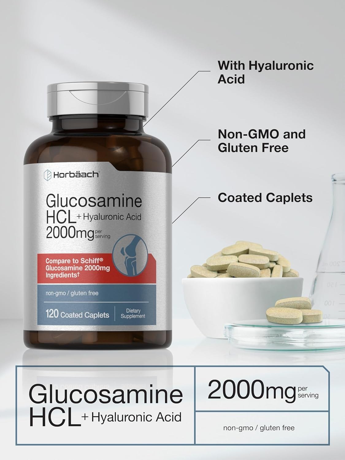 جلوكوزامين هيدروكلوريد + حمض الهيالورونيك 2000 مجم هورباخ 120 كبسولة | Glucosamine HCL + Hyaluronic Acid 2000 mg Horbaach 120 Caplet - الصورة 4