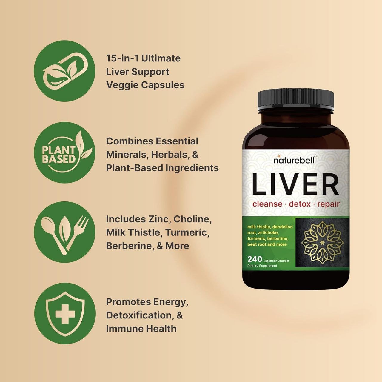 ليفر كلينس ديتوكس لتنظيف الكبد وإزالة السموم وإصلاحه ناتشر بيل 240 كبسولة | Liver Cleanse Detox & Repair NatureBell 240 Veggie Capsules - الصورة 3