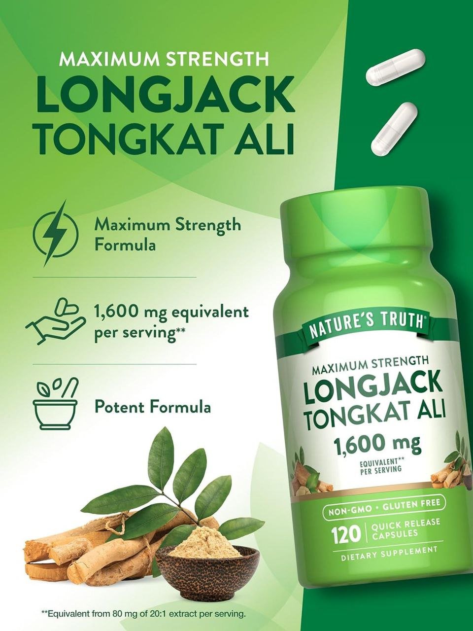 لونج جاك تونكات علي عكازة علي ناتشرز تروث 120 كبسولة | Longjack Tongkat Ali Nature's Truth 120 Quick Release Capsules - الصورة 5