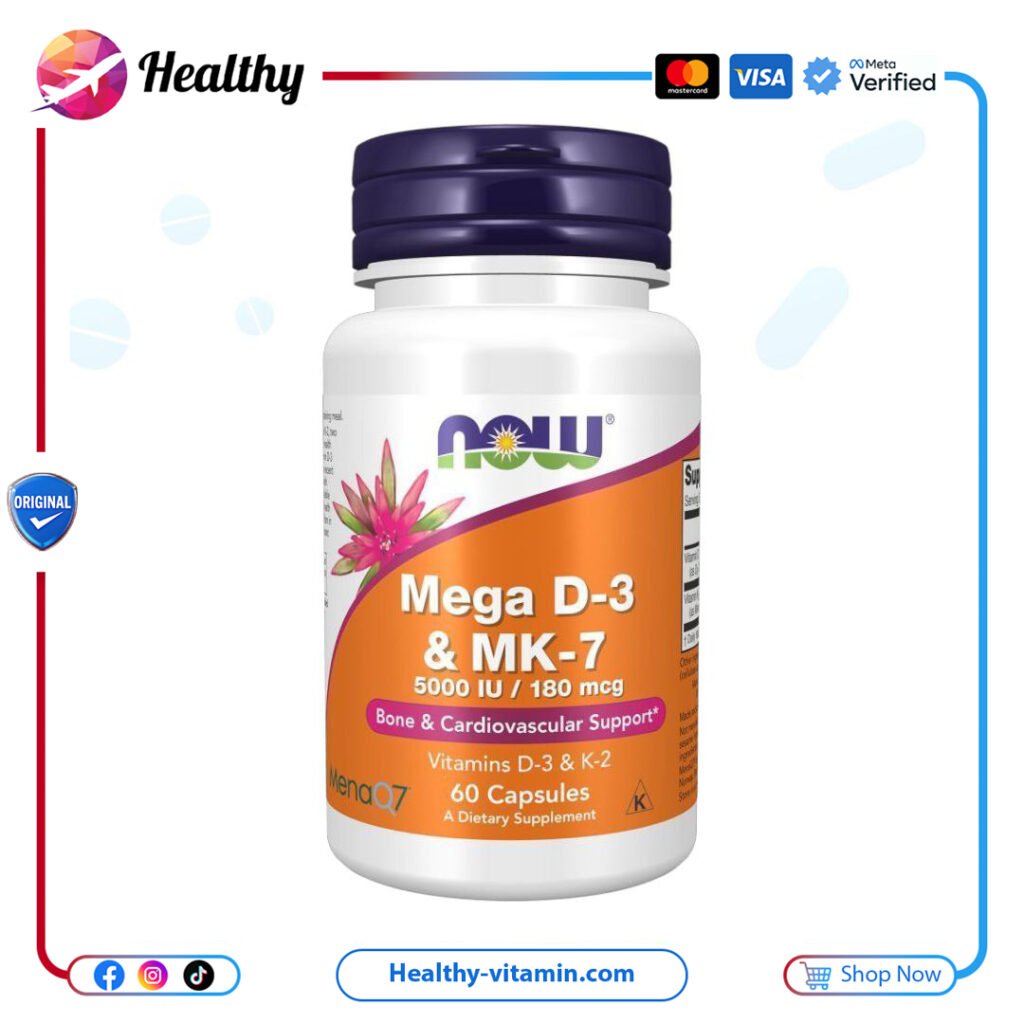 ميجا فيتامين د3 ك2 5000 وحدة دولية + 180 مكجم إم كي-7 ناو فودز 60 كبسولة | Mega Vitamin D3 K2 5000 IU + 180 mcg MK-7 Now Foods 60 Capsules