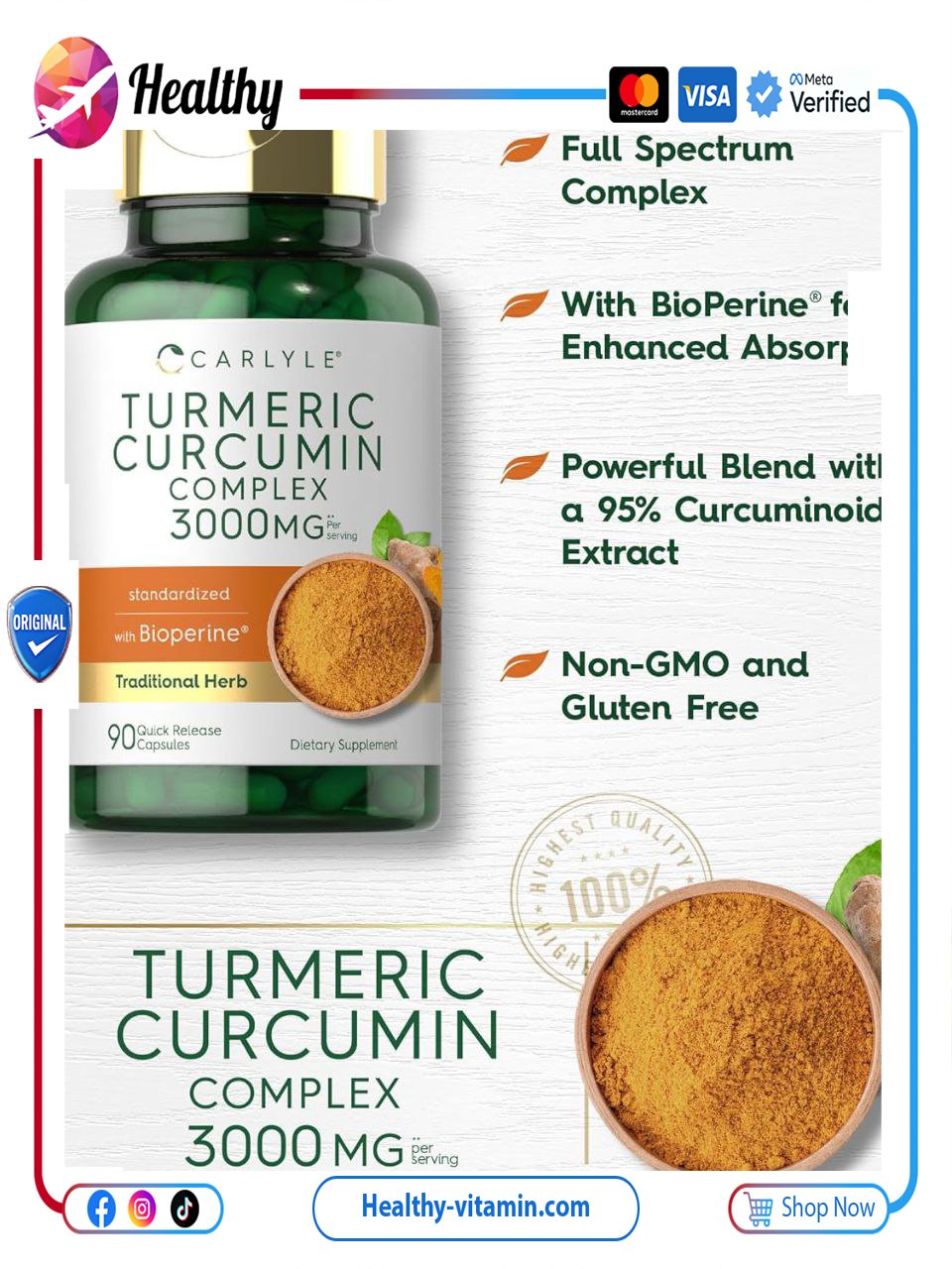 كركمين مركب 3000 مجم كارلايل 90 كبسولة | Turmeric Curcumin Complex 3000 mg Carlyle 90 Capsules - الصورة 5