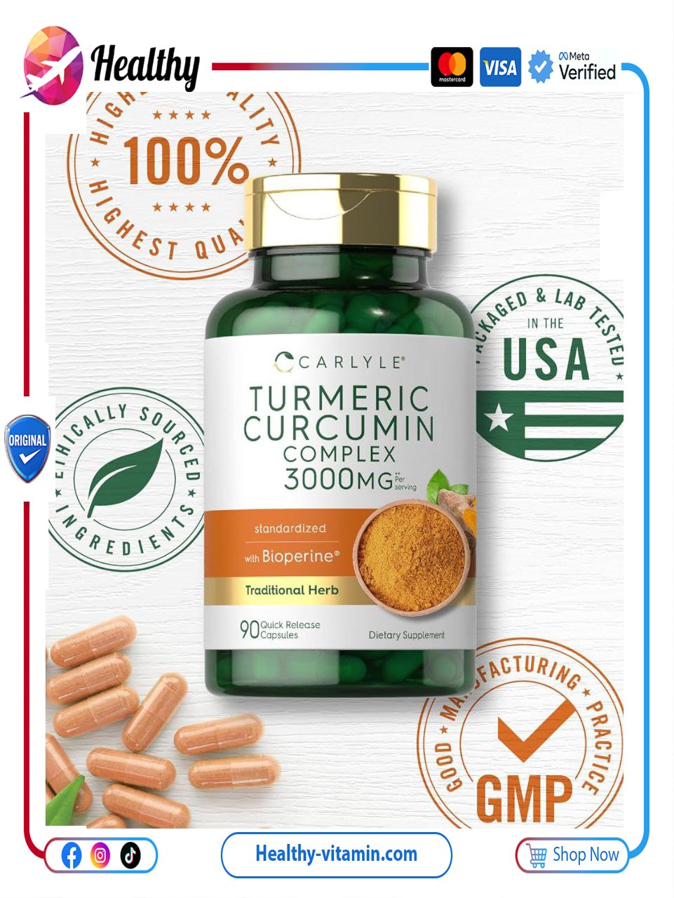 كركمين مركب 3000 مجم كارلايل 90 كبسولة | Turmeric Curcumin Complex 3000 mg Carlyle 90 Capsules - الصورة 6