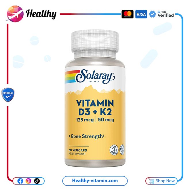 فيتامين د3 ك2 5000 وحدة دولية + 50 مكجم إم كي-7 سولاراي 60 كبسولة نباتية | Vitamin D3 K2 5000 IU + 50 mcg MK-7 Solaray 60 VegCaps