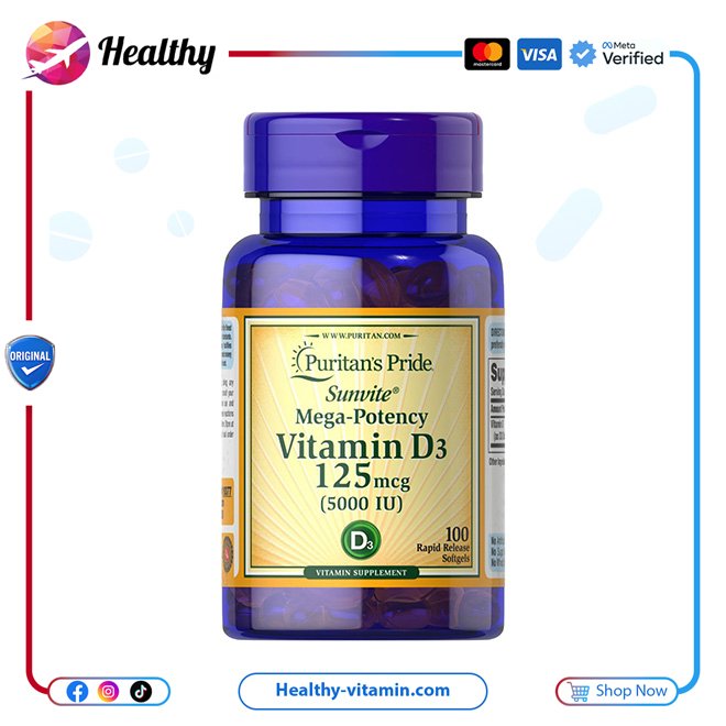 بوريتانز برايد - فيتامين D3 5000 يو 125 مكجم 100 سوفتجيل | Vitamin D3 5000 I.U 125 mcg Puritan's Pride 100 Softgels