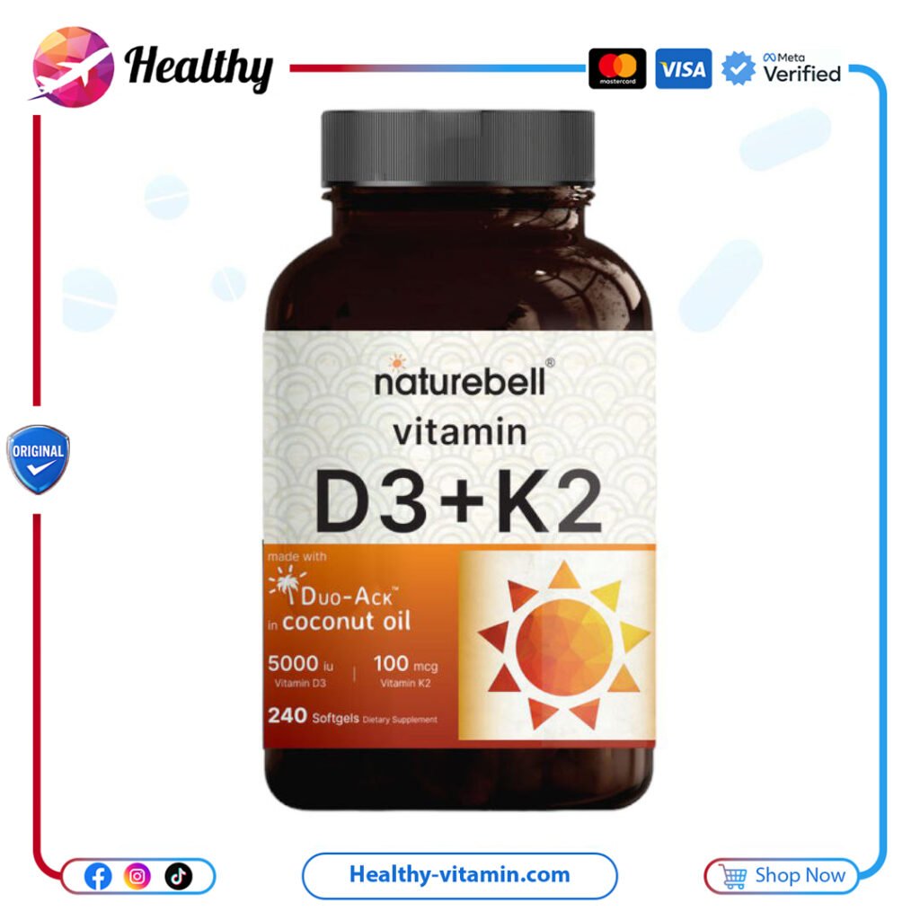 فيتامين د3 ك2 5000 وحدة دولية + 100 مكجم إم كيه-7 مع زيت جوز الهند ناتشر بيل 240 سوفت جيل | Vitamin D3 K2 5000 IU + 100 mcg MK-7 with Coconut Oil NatureBell 240 Softgels