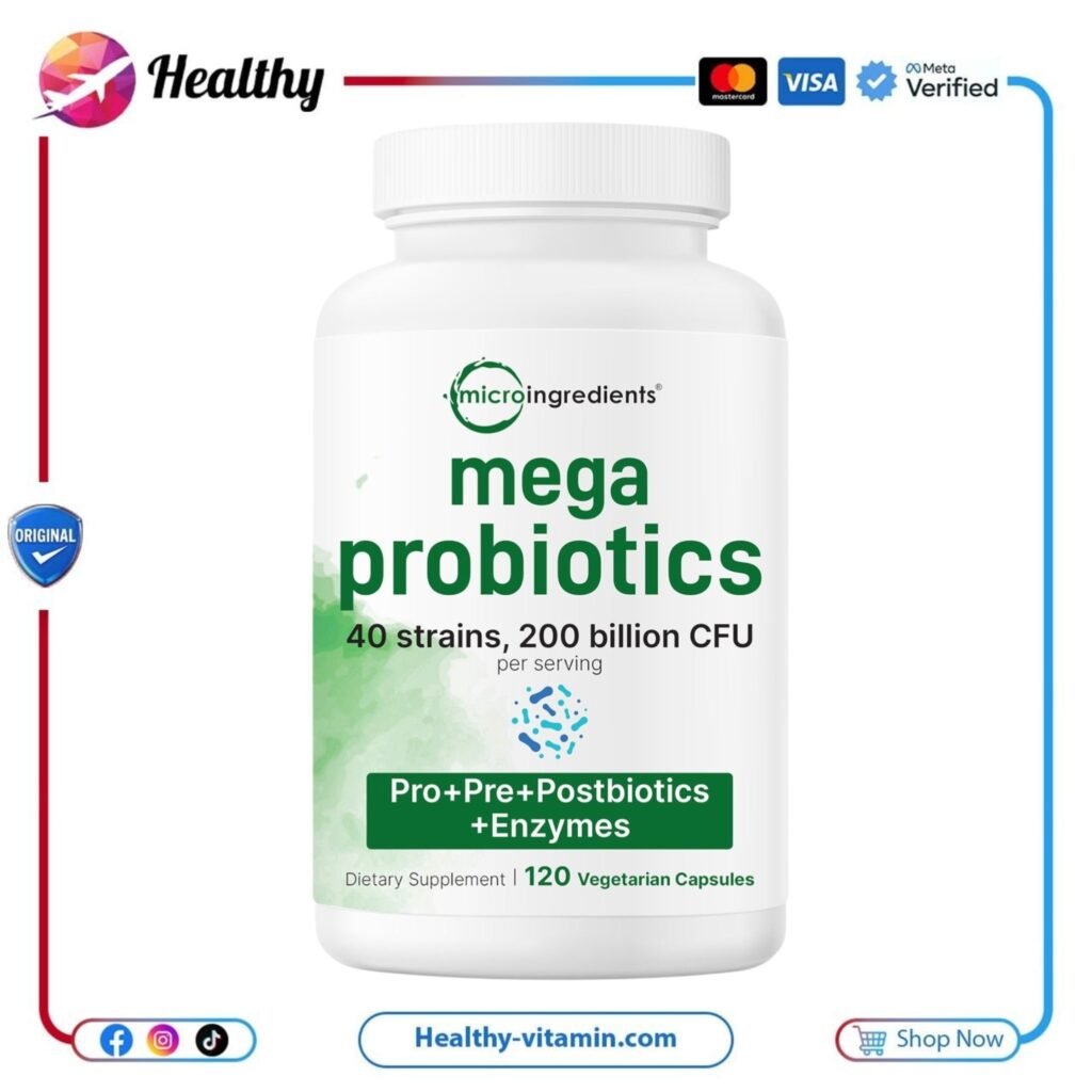 ميجا بروبيوتيك 40 سلالة 200 مليار وحدة ميكرو إنجريدينتس 120 كبسولة نباتية | Mega Probiotics 40 Strains 200 Billion CFU Micro Ingredients 120 Vegetarian Capsules