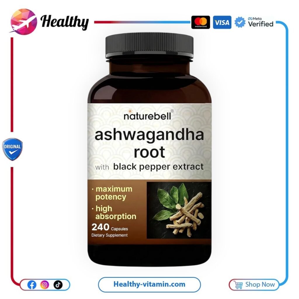 جذور الأشواغاندا مع مستخلص الفلفل الأسود ناتشر بيل ٢٤٠ كبسولة نباتية | Ashwagandha Root with Black Pepper Extract NatureBell 240 Capsules