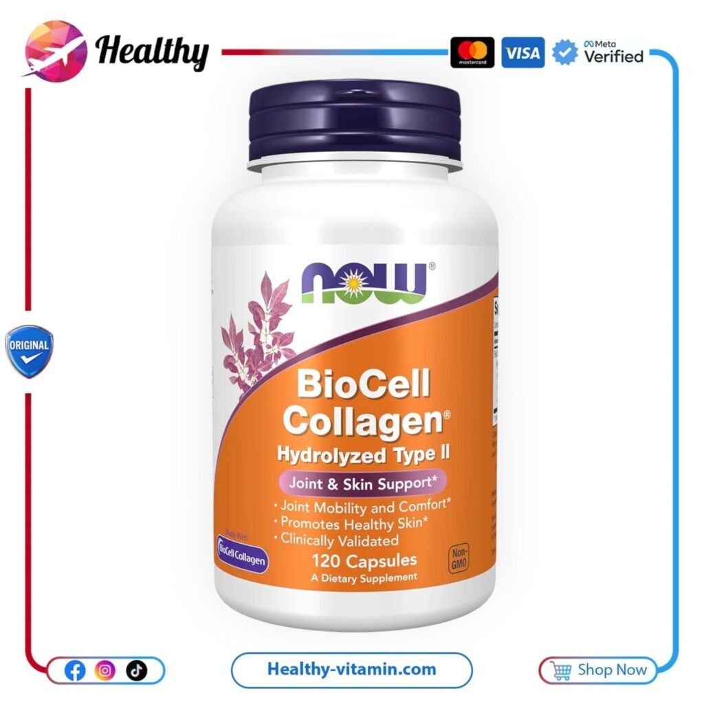 بيوسيل كولاجين متحلل من النوع الثاني كولاجين تايب 2 ناو فودز 120 كبسولة | BioCell Collagen Hydrolyzed Type II Now Foods 120 Capsules