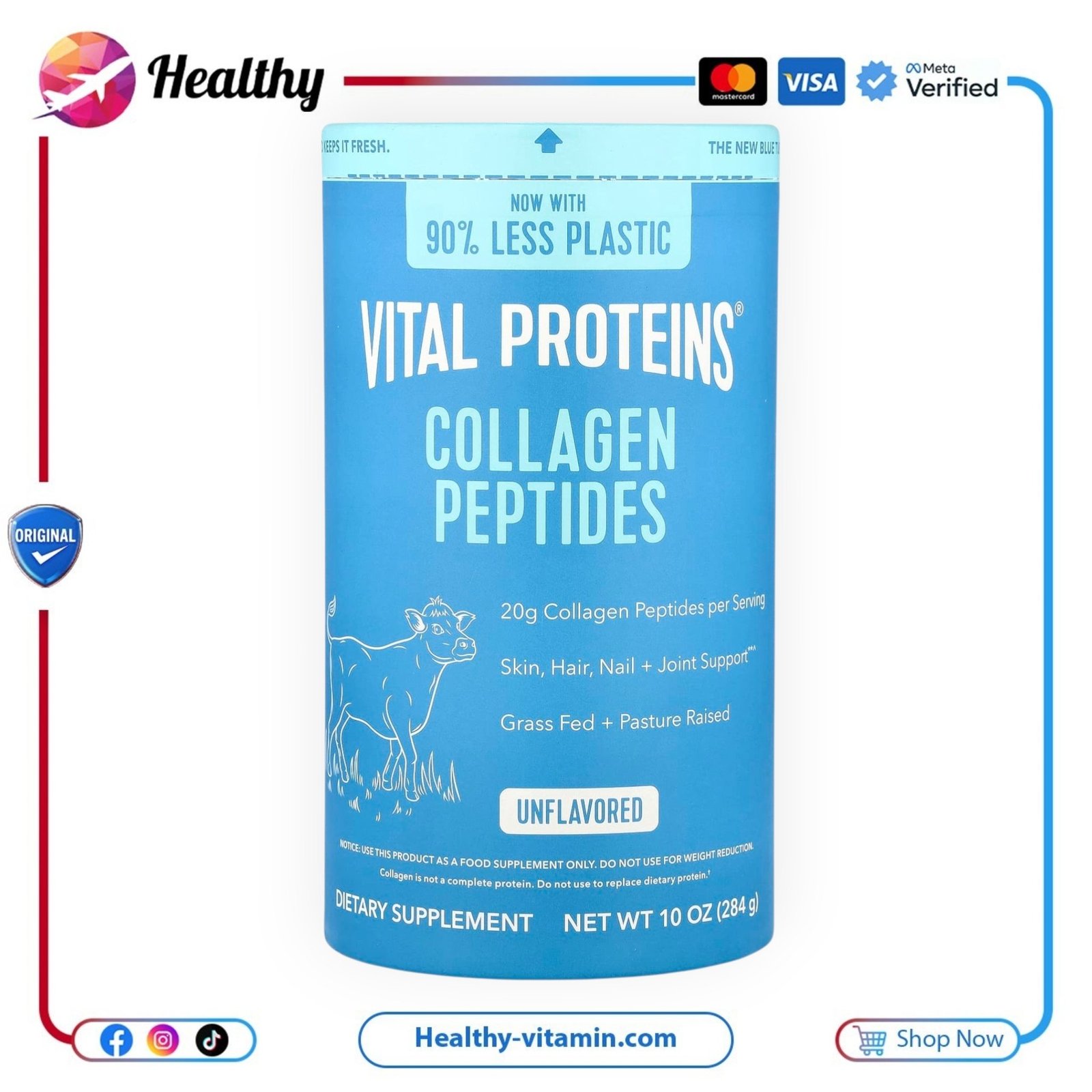 ببتيدات الكولاجين فيتال بروتينز مسحوق باودر بدون نكهة 10 أونصة 284 جرام | Vital Proteins Collagen Peptides Unflavored Powder 10 oz 284 g