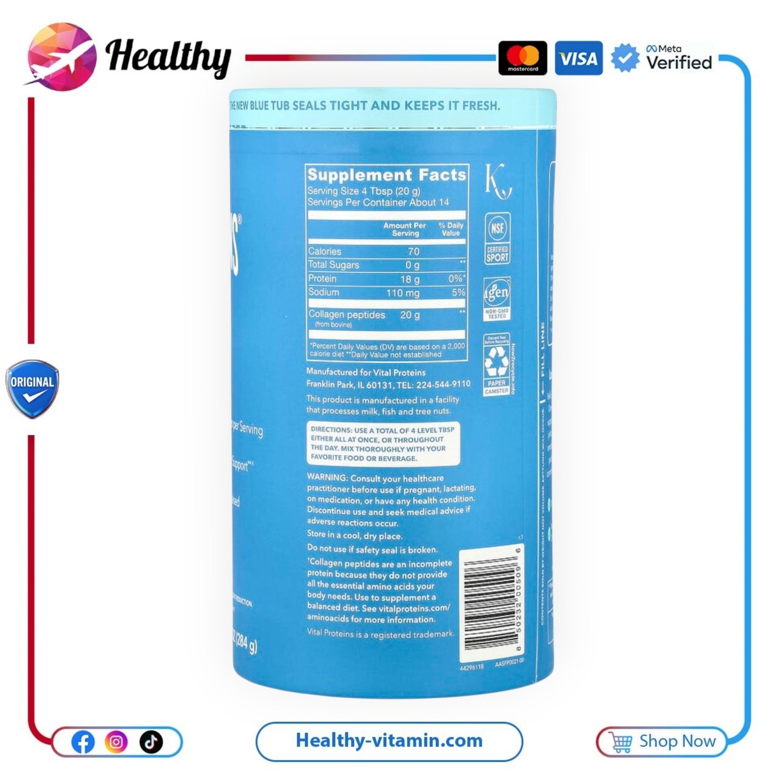 ببتيدات الكولاجين فيتال بروتينز مسحوق باودر بدون نكهة 10 أونصة 284 جرام | Vital Proteins Collagen Peptides Unflavored Powder 10 oz 284 g - الصورة 2